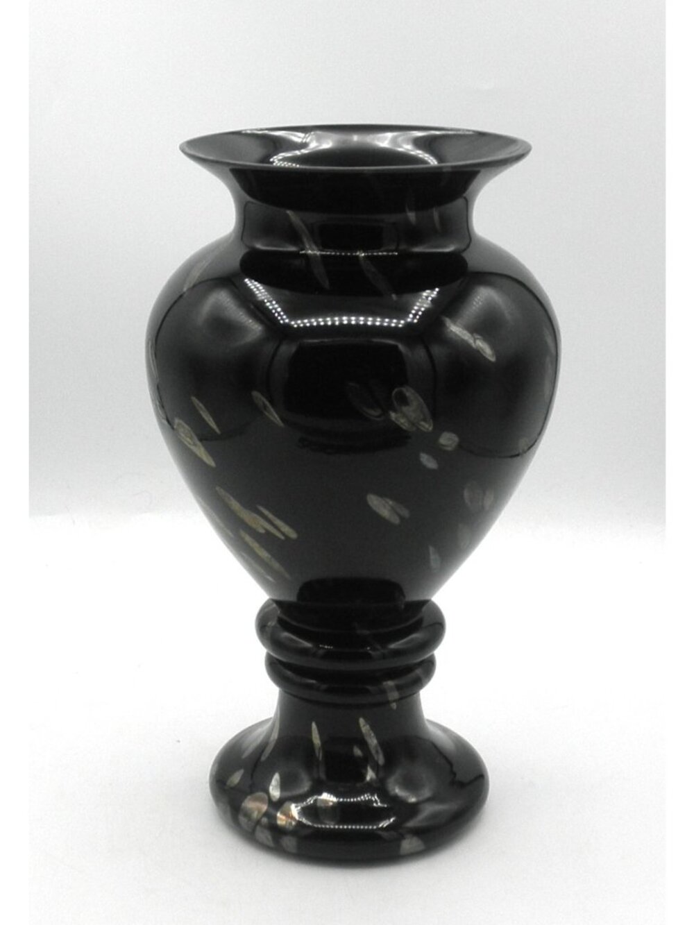 VTG Circa 1980's Black Art Glass Baluster Vase with Metallic Foil Accents 10 In.